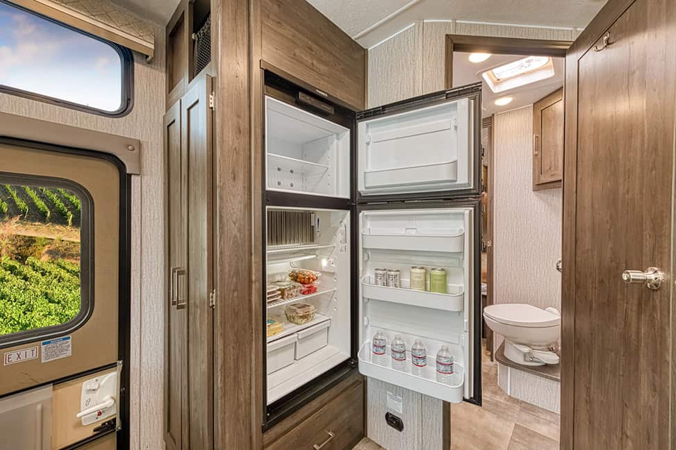 El Monte RV Class A Family Sleeper-Family_Sleeper_AF_Interior_refrigerator_open